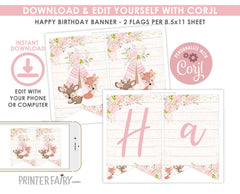 Wild One Girl Banner, Tribal Woodland Birthday, Boho Party (Editable, Printable, Instant Download)