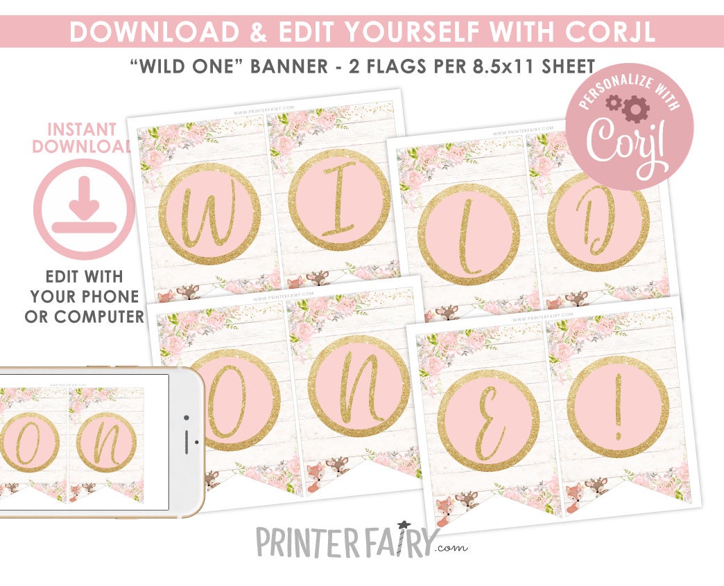 Wild One Girl Banner, Editable Woodland Birthday Decor (Digital Download)