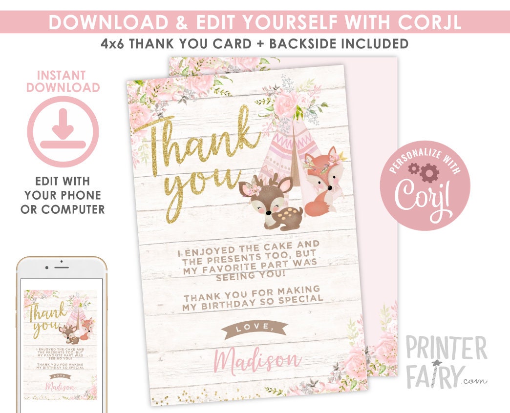Wild One Thank You Card, Girl Birthday, Boho Woodland Animals (Digital Download)