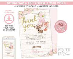 Wild One Thank You Card, Girl Birthday, Boho Woodland Animals (Digital Download)