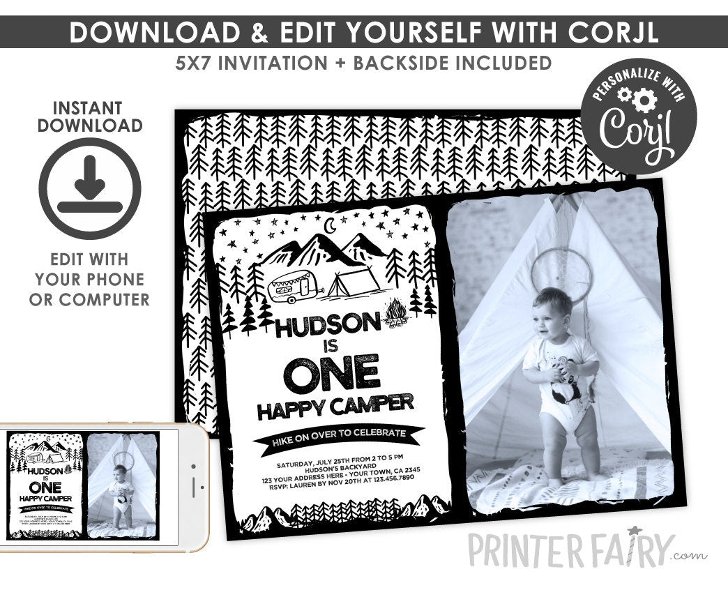 Happy Camper 1st Birthday Photo Invitation, Editable Summer Camp (INSTANT DOWNLOAD)