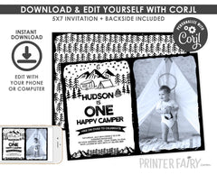 Happy Camper 1st Birthday Photo Invitation, Editable Summer Camp (INSTANT DOWNLOAD)