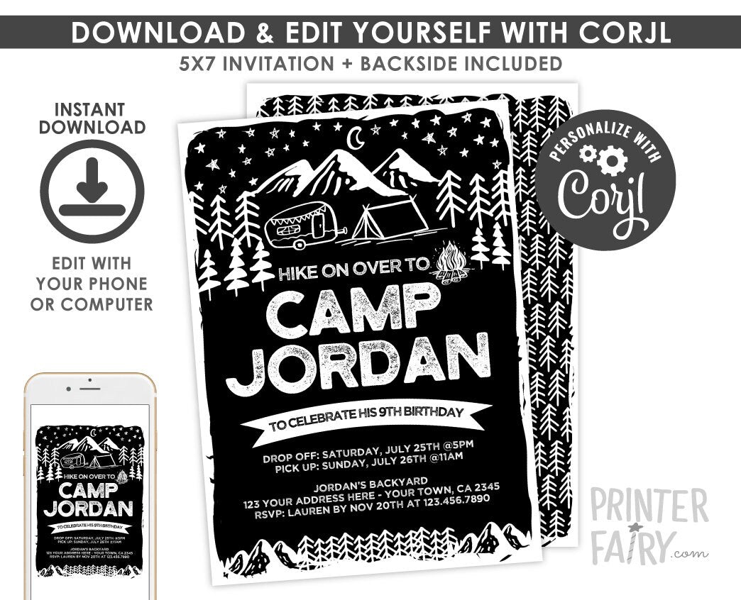 Camping Birthday Invitation, Editable Black & White (Instant Download)