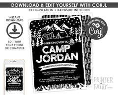 Camping Birthday Invitation, Editable Black & White (Instant Download)