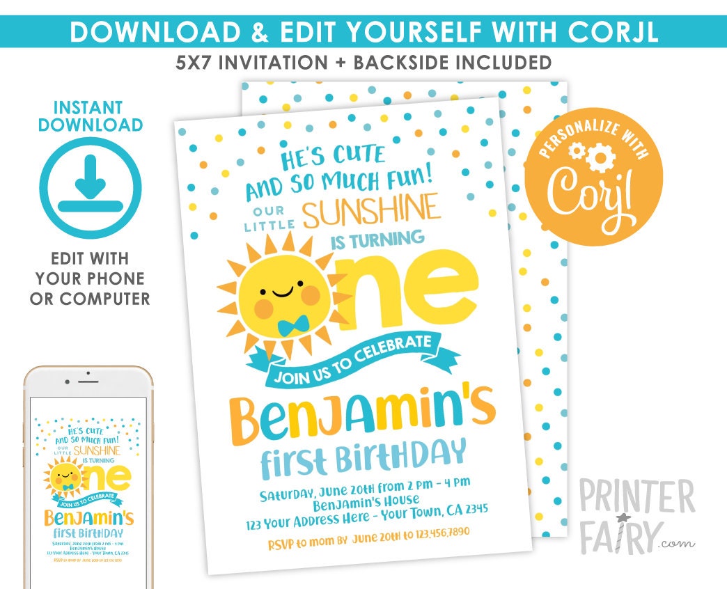 Little Sunshine First Birthday Invitation, EDITABLE Template (Digital Download)