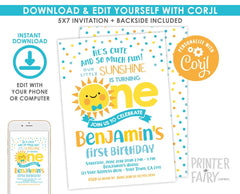 Little Sunshine First Birthday Invitation, EDITABLE Template (Digital Download)