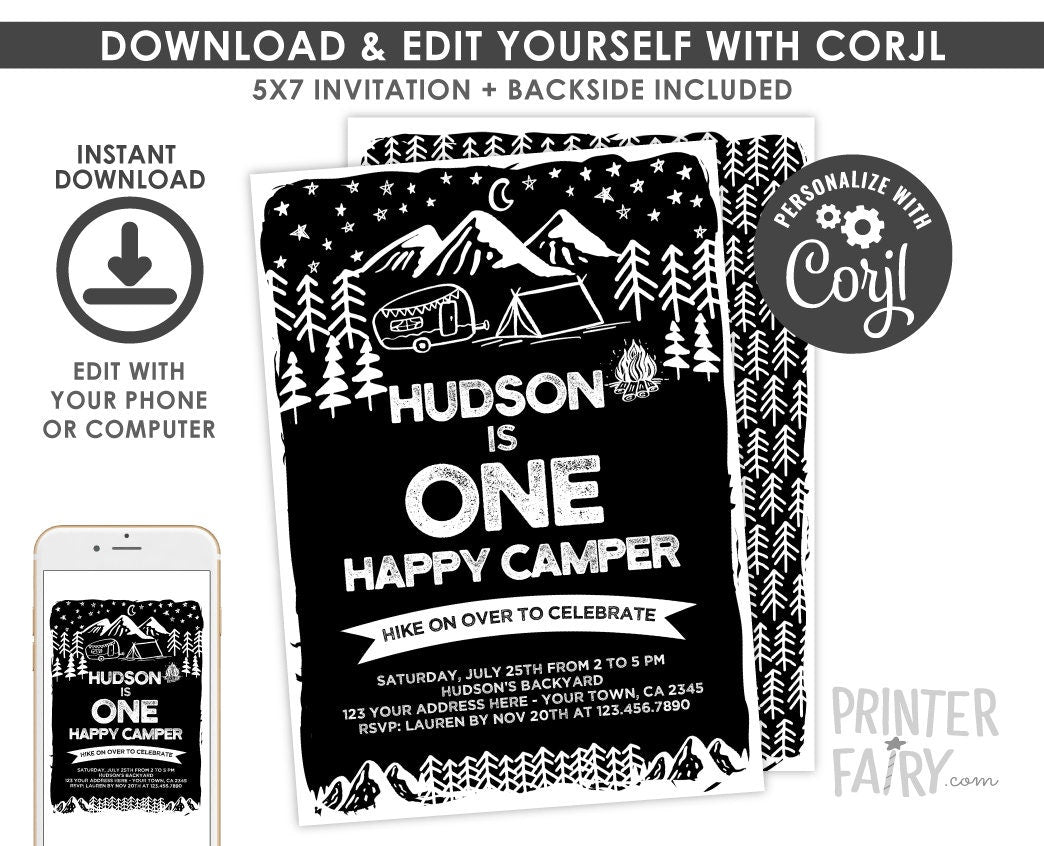 Happy Camper 1st Birthday Invitation, EDITABLE (Digital Download)