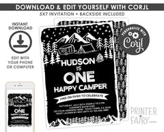 Happy Camper 1st Birthday Invitation, EDITABLE (Digital Download)