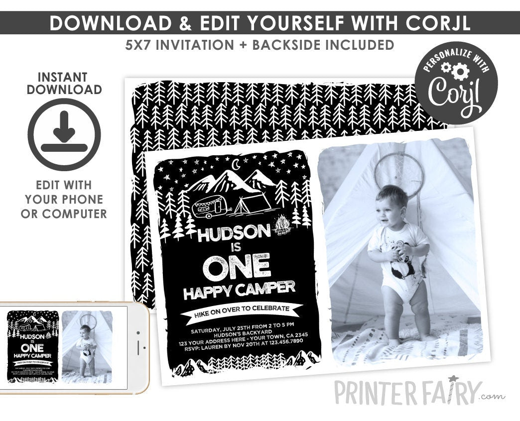 Happy Camper 1st Birthday Invitation, Photo, Summer Camp (INSTANT DOWNLOAD)