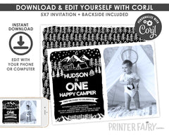 Happy Camper 1st Birthday Invitation, Photo, Summer Camp (INSTANT DOWNLOAD)
