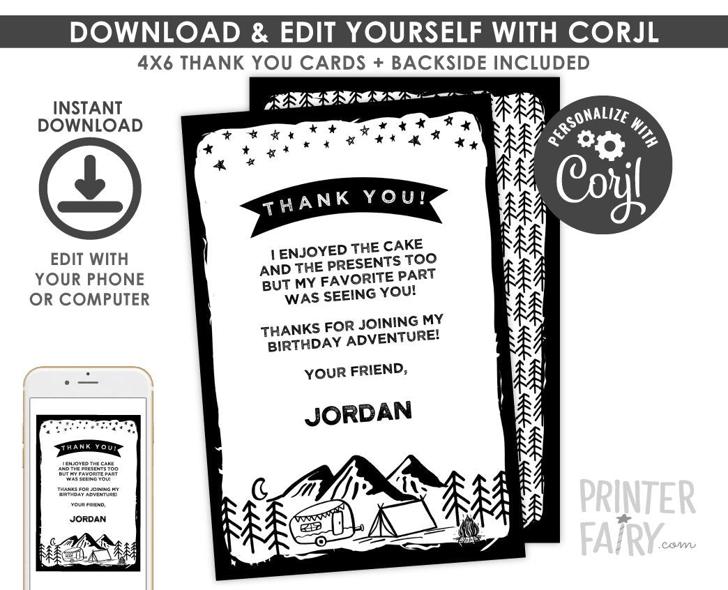Camping Birthday Thank You Card, Editable Note (Digital Download)