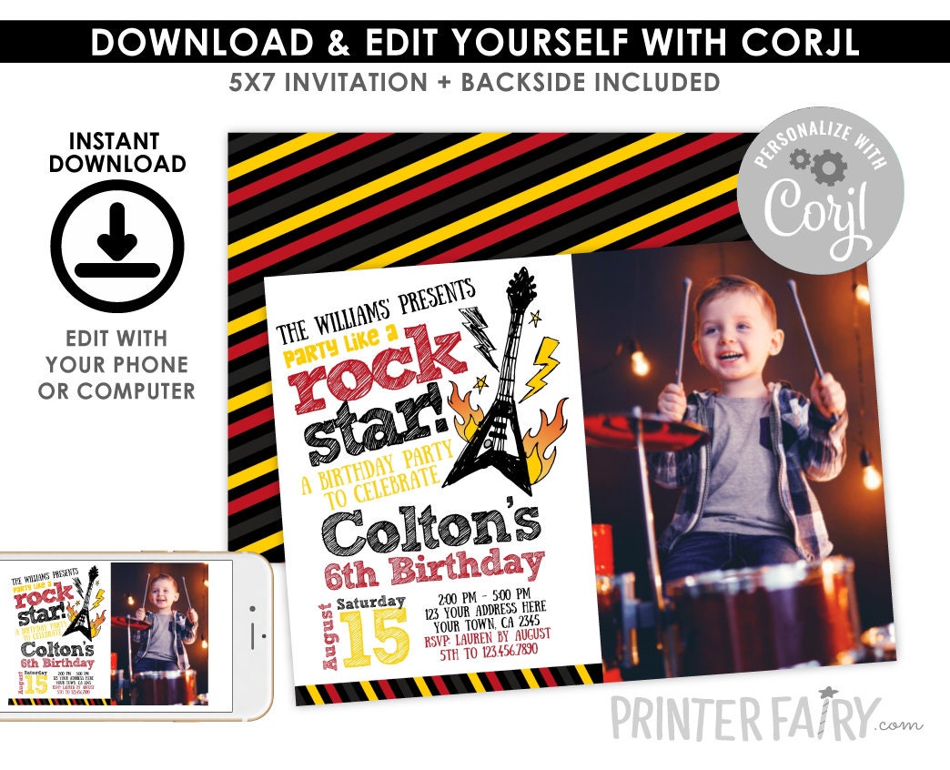 Rock Star Birthday Invitation with Photo, Editable Music Party (Instant Download)