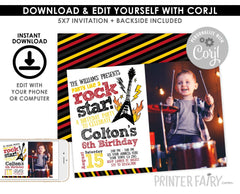 Rock Star Birthday Invitation with Photo, Editable Music Party (Instant Download)