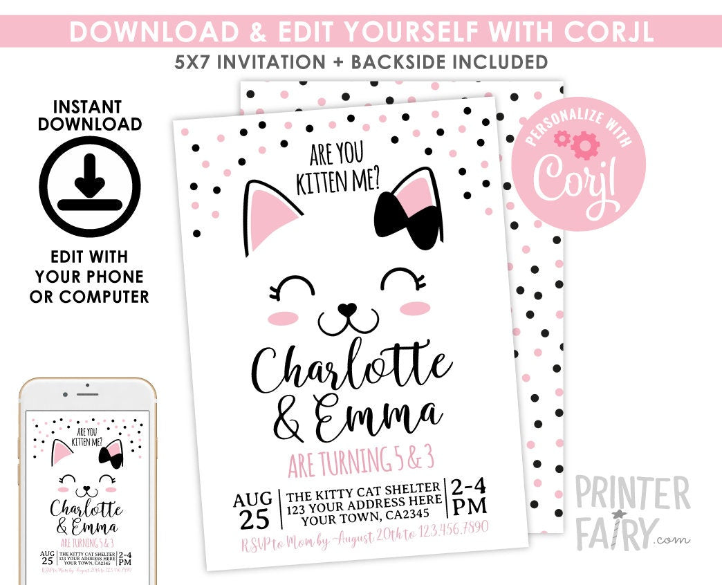 Editable Kitty Cat Birthday Invitation, Pet Adoption Party (Digital Invite)