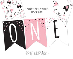 Kitty Cat ONE Banner, Girl 1st Birthday (Instant Download)