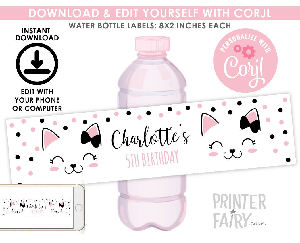 Kitty Cat Birthday Water Bottle Labels, Editable Party Decor (Digital Download)