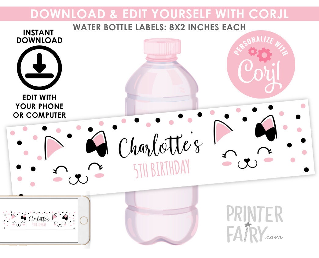 Kitty Cat Birthday Water Bottle Labels, Editable Party Decor (Digital Download)