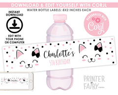 Kitty Cat Birthday Water Bottle Labels, Editable Party Decor (Digital Download)