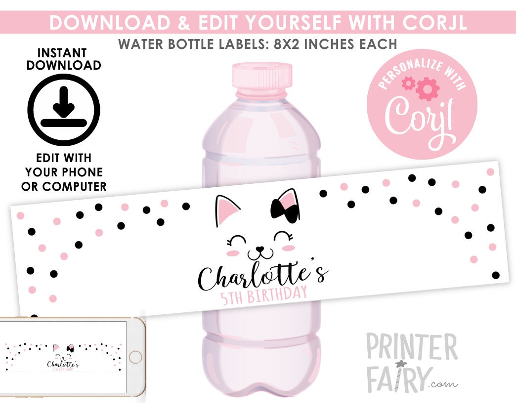 Kitty Cat Birthday Water Bottle Labels, Editable Party Decor (Digital Download)