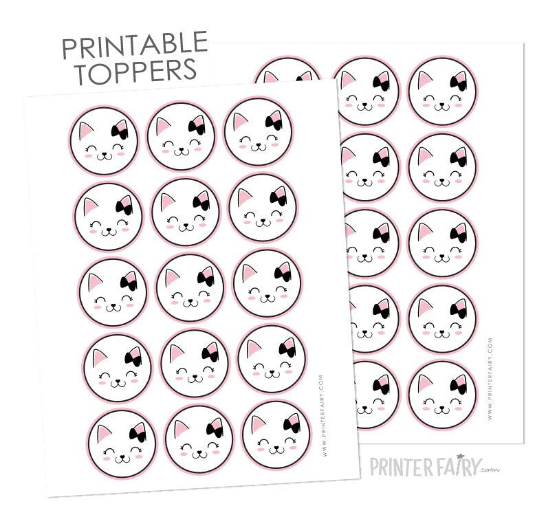 Kitty Cat Birthday Party Toppers, Printable Stickers (Digital Download)