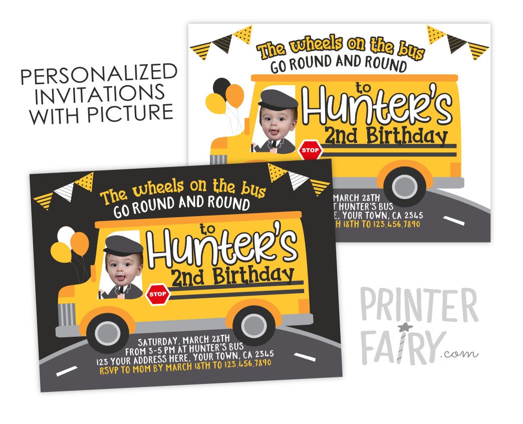 Wheels on the Bus Birthday Invitation with Photo, Personalized Digital Design