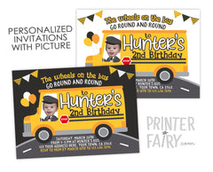 Wheels on the Bus Birthday Invitation with Photo, Personalized Digital Design