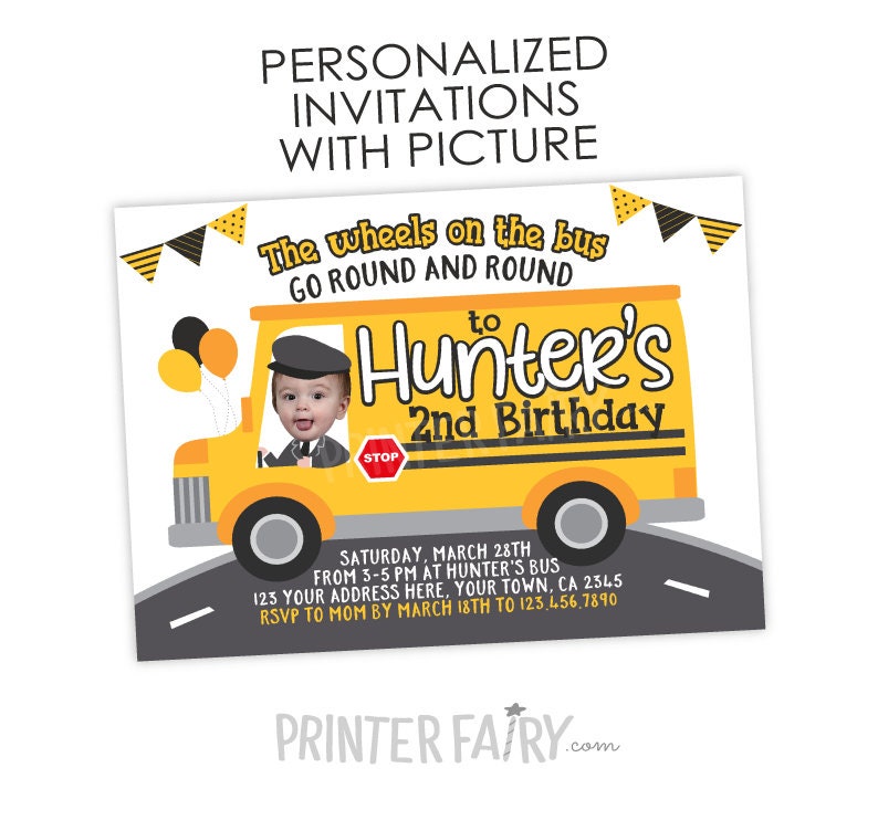 Wheels on the Bus Birthday Invitation with Photo, Personalized Digital Design