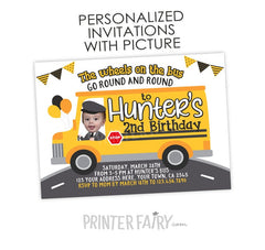 Wheels on the Bus Birthday Invitation with Photo, Personalized Digital Design