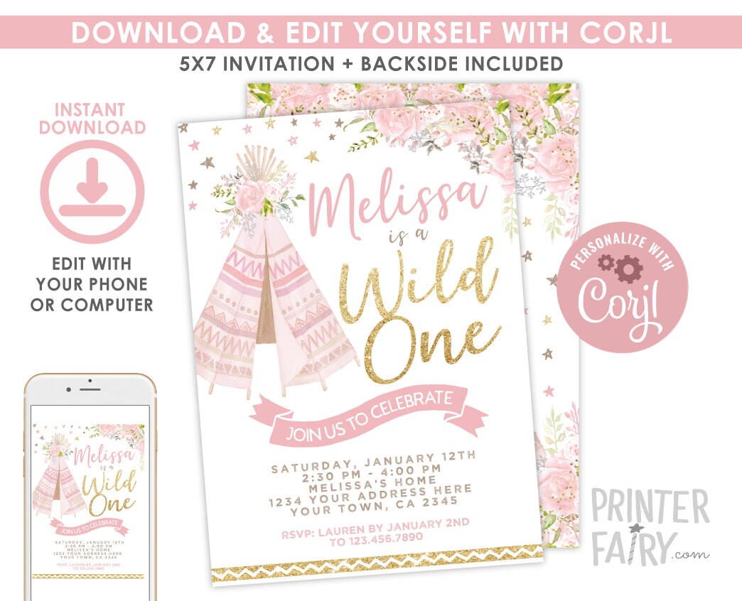 Wild One 1st Birthday Invitation Editable Template, Instant Download