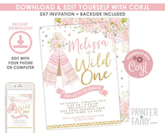Wild One 1st Birthday Invitation Editable Template, Instant Download