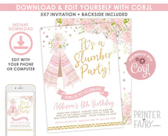 Editable Teepee Slumber Party Invitation, Boho Pajama Party (Digital Download)