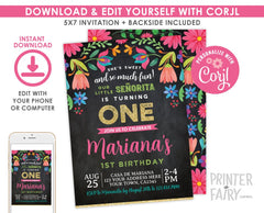 Fiesta 1st Birthday Floral Invitation, Editable Digital Invite, Instant Download