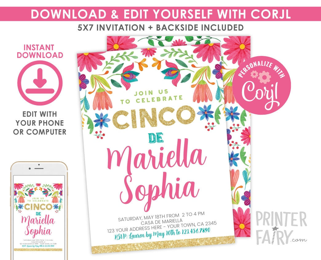 Floral Fiesta Invitation, Cinco de Mayo 5th Birthday, EDITABLE Digital Invite