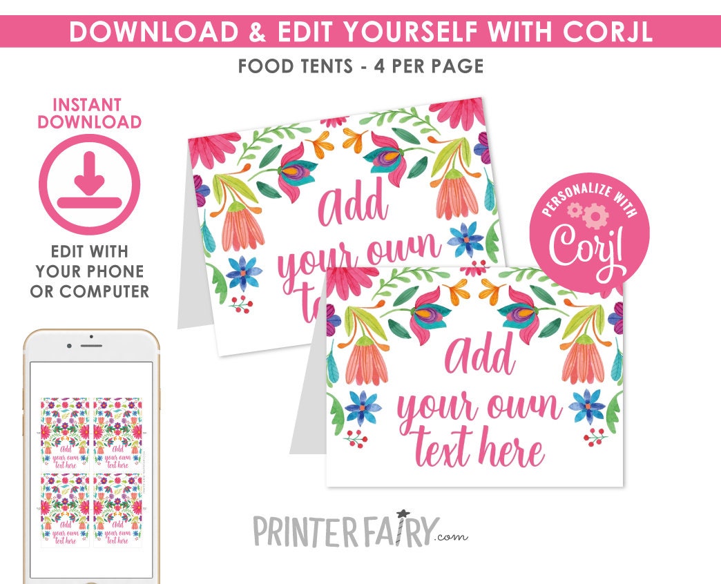 Mexican Fiesta Food Tents Editable Template Place Cards (Instant Download)