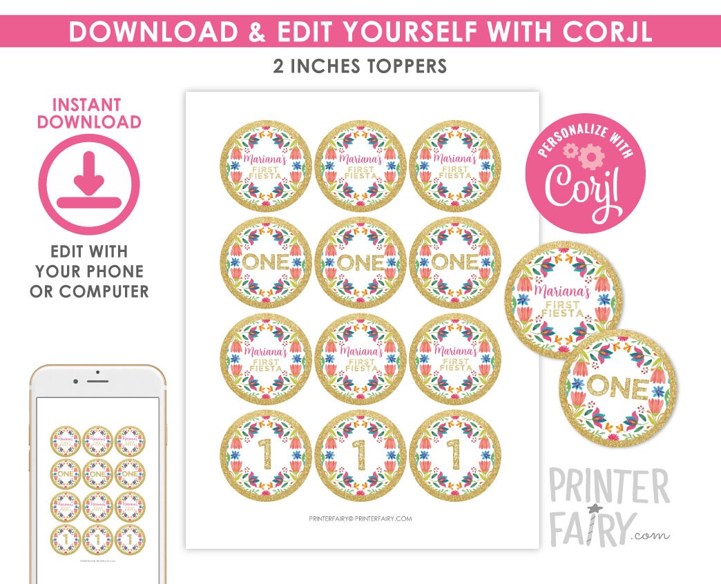 Mexican Floral Fiesta Toppers EDITABLE Template, Cinco de Mayo, Instant Download