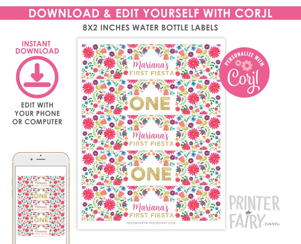 Fiesta Water Bottle Labels, Editable Templates, Cinco de Mayo (Instant Download)