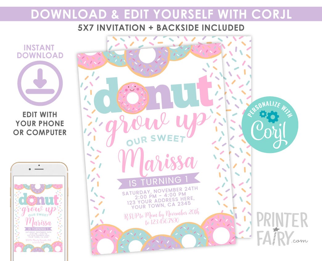 Donut Grow Up Birthday Invitation, Editable Party Template (Digital Download)