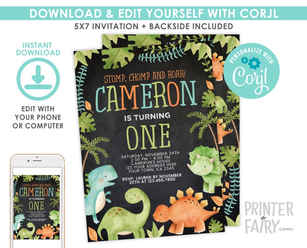 Editable Dinosaur Birthday Invitation, Jungle Theme (Digital Download)
