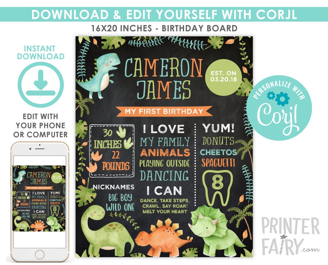 Dinosaur First Birthday Milestones Board, Editable Template (Digital Instant Download)