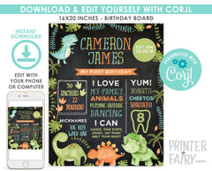 Dinosaur First Birthday Milestones Board, Editable Template (Digital Instant Download)
