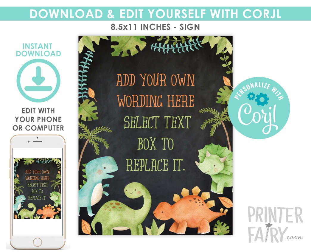 Editable Dinosaur Birthday Sign, Jurassic Party Decorations (Digital Download)