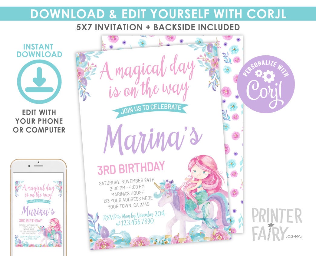 Unicorn Mermaid Birthday Invitation, Editable Floral Party (Instant Download)
