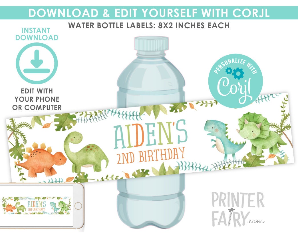 Dinosaur Birthday Water Bottle Labels, Editable Party Decor (Instant Download)