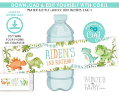 Dinosaur Birthday Water Bottle Labels, Editable Party Decor (Instant Download)