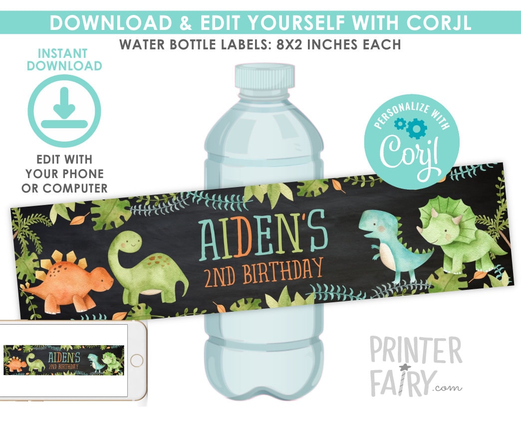 Dinosaur Water Bottle Labels, Editable Birthday Party Decorations (Digital Download)
