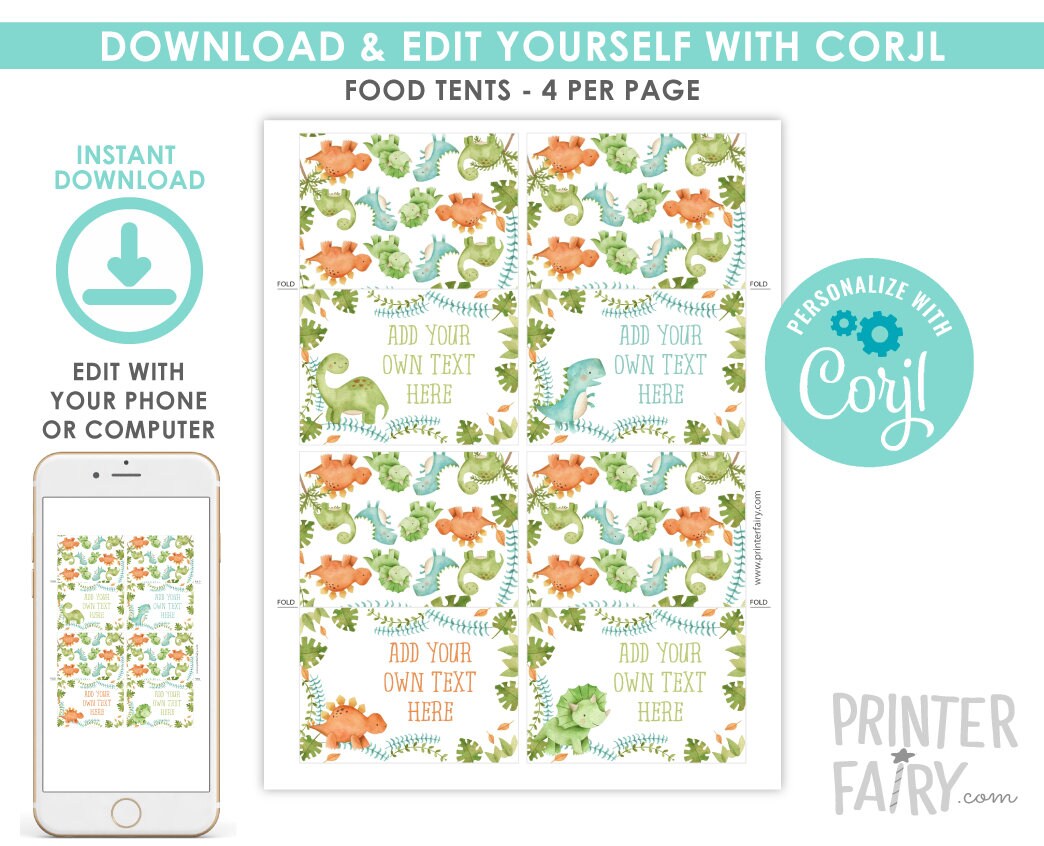Dinosaur Food Tents, Editable Birthday Party Labels (Instant Download)