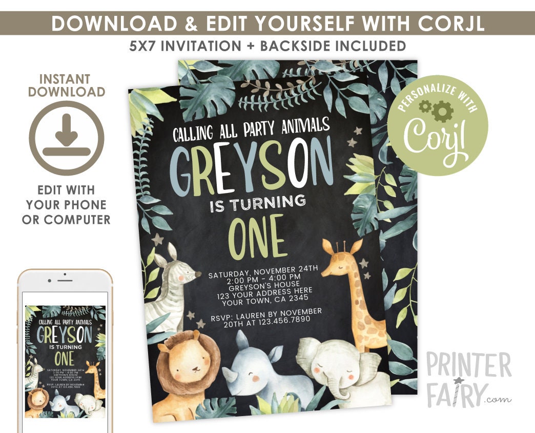 Editable Safari Birthday Invitation, Jungle Animals Party (Digital Invite)