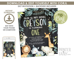 Editable Safari Birthday Invitation, Jungle Animals Party (Digital Invite)