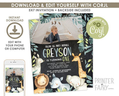 Jungle Animals Birthday Invitation with Photo, Editable (Digital Download)