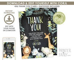 Editable Safari Thank You Cards, Jungle Animals (Digital Download)